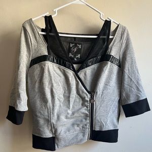 Gray Sean John zip up sweatshirt with leather detail and mesh hood XL